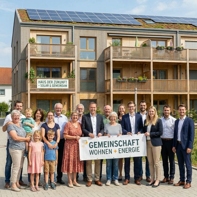 Zufriedene Mieter vor ihrem Mehrfamilienhaus mit Solaranlage — Mieterstrom Gemeinschaft und nachhaltige Energieversorgung